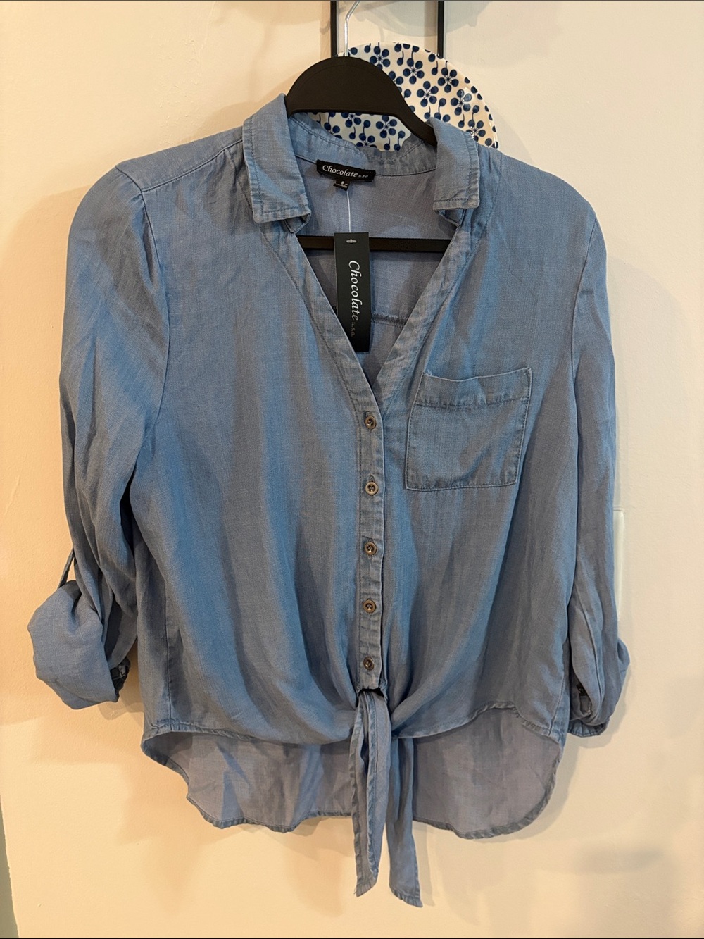 NWT ladies denim tie waist blouse